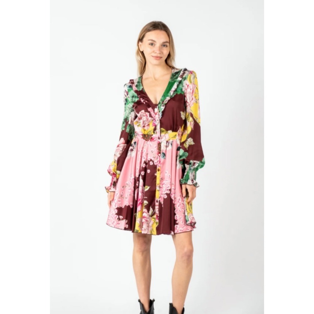 NWT PINKO Salamandia Fit & Flare Dress Burgundy Floral Long Sleeves SZ 38/XS